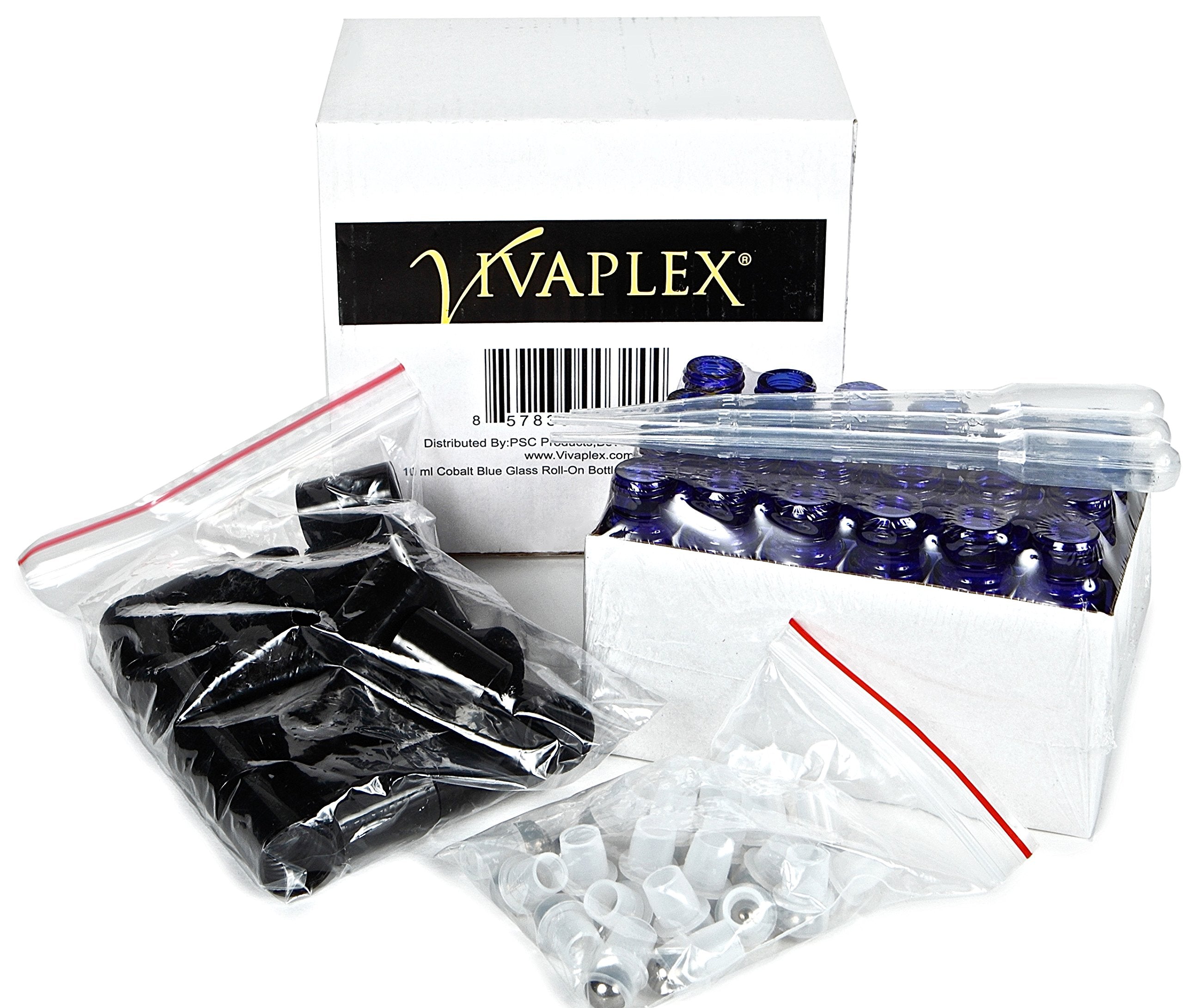 Vivaplex, 24, Cobalt Blue, 10 Ml Glass Roll-On Bottles With Stainless Steel Roller Balls. 3-3 Ml Droppers Included